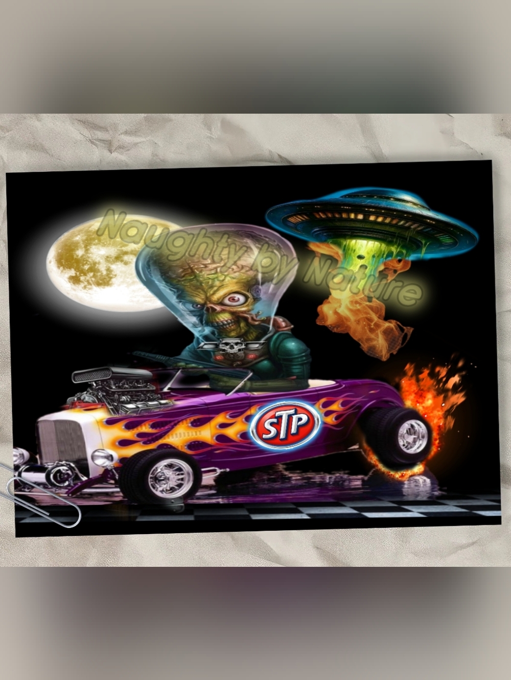 STP Purple Flame Hot Rod Art Print With Freaky Alien Metal Poster.